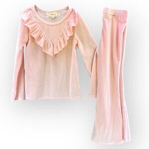 Btween Pink Velvet Girls Matching Set  Long Sleeve Flare Pant Outfit | Sz 7